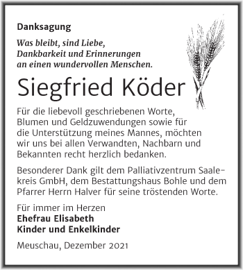 Traueranzeige von Siegfried Köder von Trauerkombi Merseburg