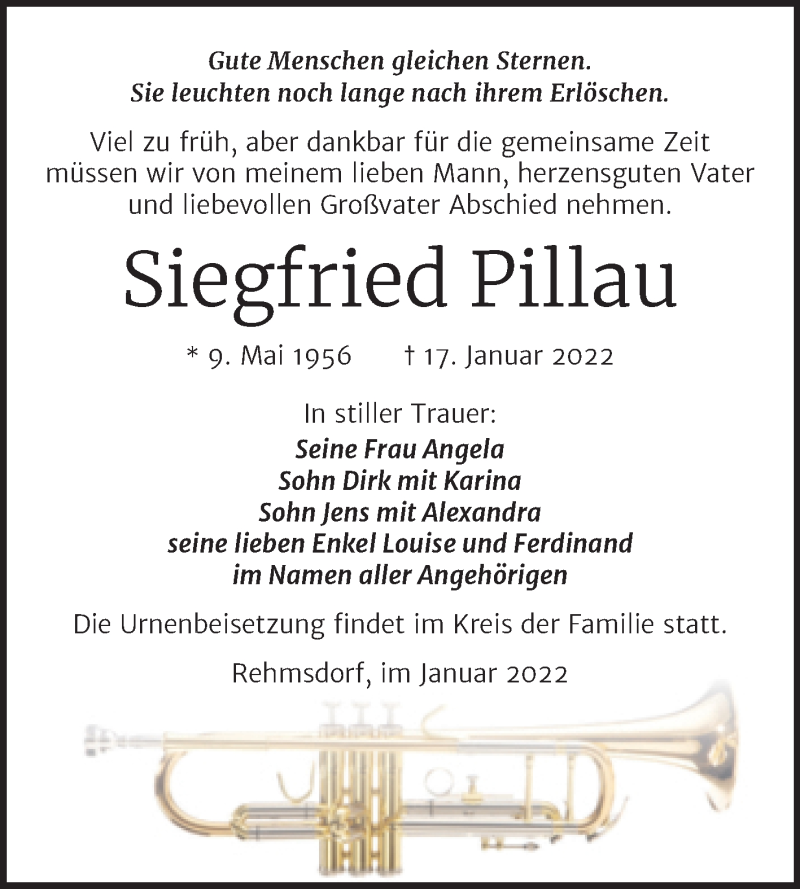 Traueranzeige für Siegfried Pillau vom 22.01.2022 aus Trauerkombi Zeitz