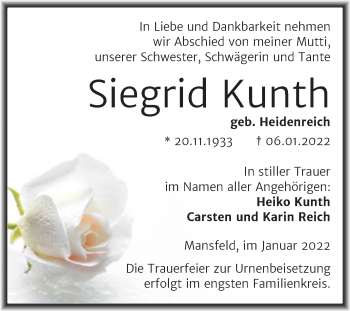 Traueranzeige von Siegrid Kunth von Trauerkombi Mansfelder Land