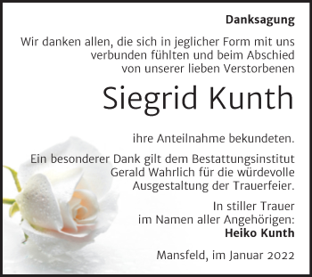 Traueranzeige von Siegrid Kunth von Trauerkombi Mansfelder Land