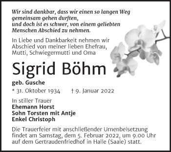 Traueranzeige von Sigrid Böhm von Mitteldeutsche Zeitung Halle/Saalkreis