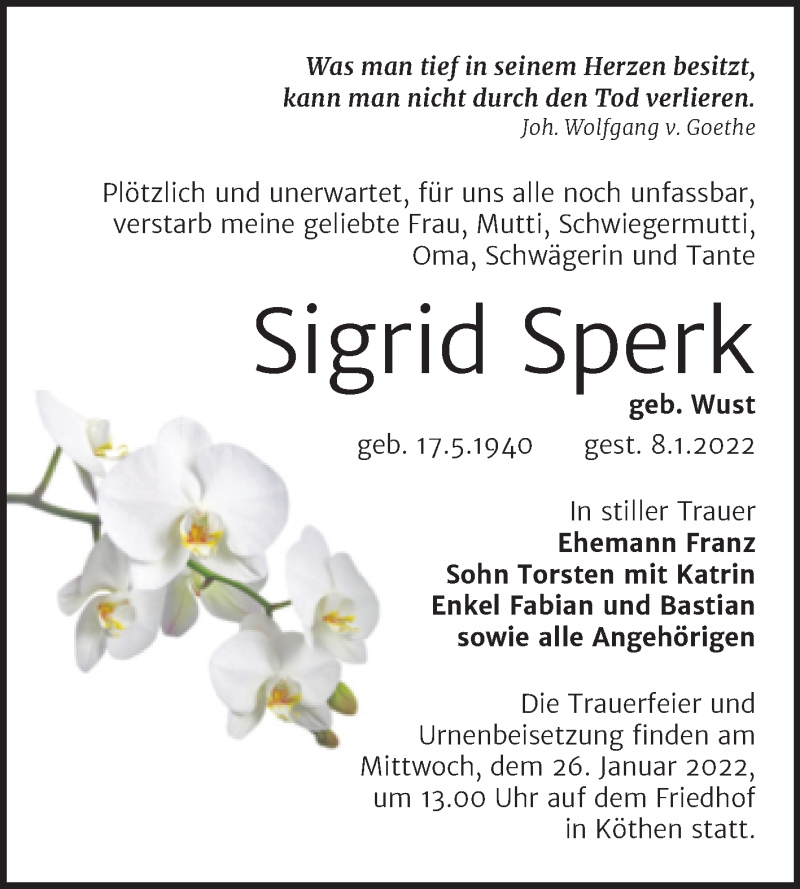  Traueranzeige für Sigrid Sperk vom 14.01.2022 aus Trauerkombi Köthen