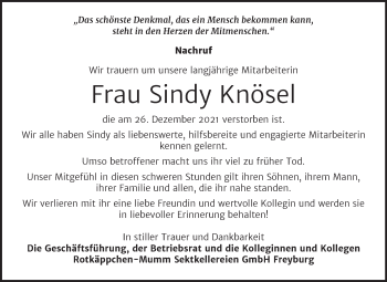 Traueranzeige von Sindy Knösel von Wochenspiegel Naumburg/Nebra