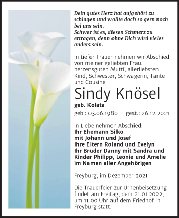 Traueranzeige von Sindy Knösel von Wochenspiegel Naumburg/Nebra