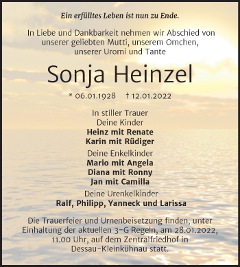 Traueranzeige von Sonja Heinzel von Trauerkombi Dessau