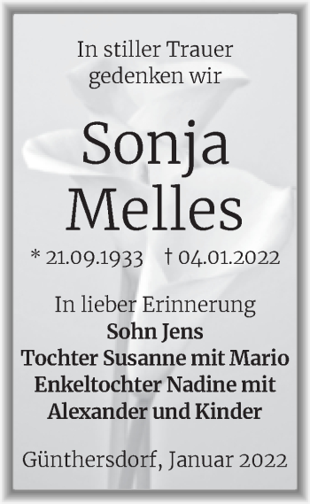 Traueranzeige von Sonja Melles von Trauerkombi Merseburg