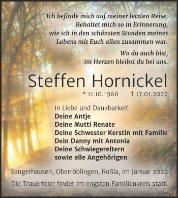 Traueranzeige von Steffen Hornickel von Trauerkombi Sangerhausen