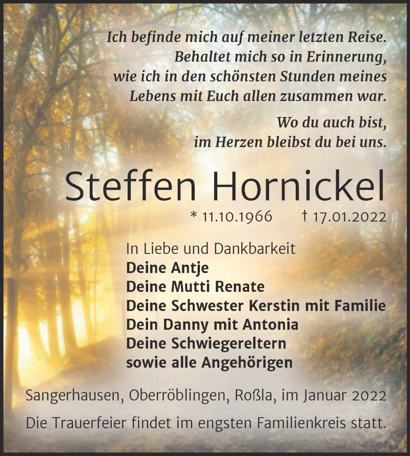  Traueranzeige für Steffen Hornickel vom 29.01.2022 aus Trauerkombi Sangerhausen
