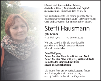 Traueranzeige von Steffi Hausmann von Trauerkombi Zeitz