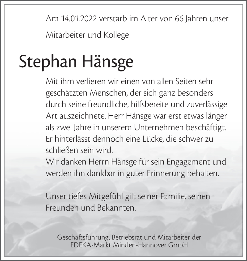  Traueranzeige für Stephan Hänsge vom 22.01.2022 aus Mitteldeutsche Zeitung Weißenfels