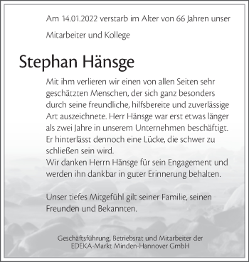 Traueranzeige von Stephan Hänsge von Mitteldeutsche Zeitung Weißenfels