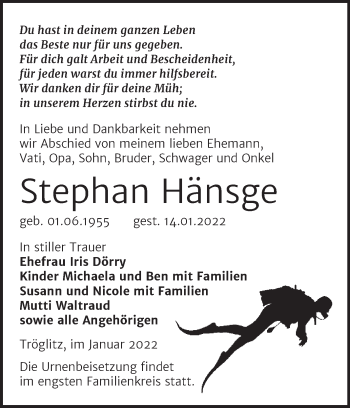 Traueranzeige von Stephan Hänsge von Trauerkombi Zeitz