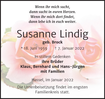 Traueranzeige von Susanne Lindig von Trauerkombi Zeitz