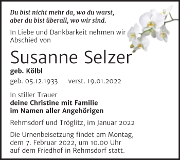 Traueranzeige von Susanne Selzer von Trauerkombi Zeitz