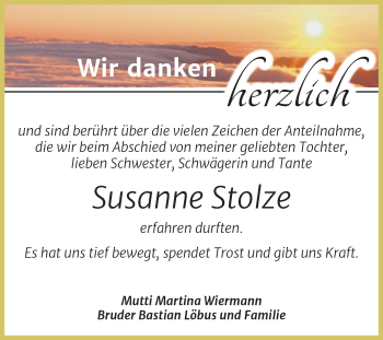 Traueranzeige von Susanne Stolze von Trauerkombi Bernburg