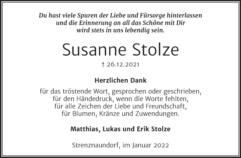  Traueranzeige für Susanne Stolze vom 15.01.2022 aus Trauerkombi Bernburg