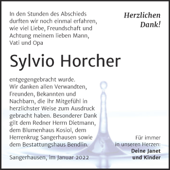 Traueranzeige von Sylvio Horcher von Trauerkombi Sangerhausen