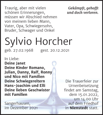 Traueranzeige von Sylvio Horcher von Trauerkombi Sangerhausen