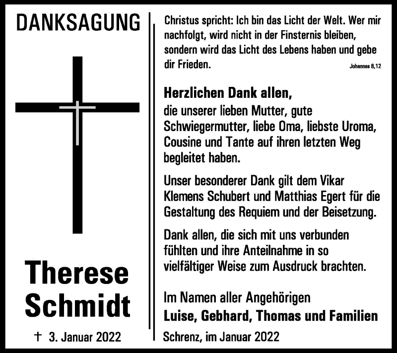  Traueranzeige für Therese Schmidt vom 22.01.2022 aus Trauerkombi Bitterfeld