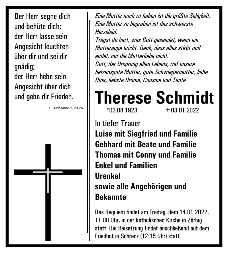  Traueranzeige für Therese Schmidt vom 08.01.2022 aus Trauerkombi Bitterfeld