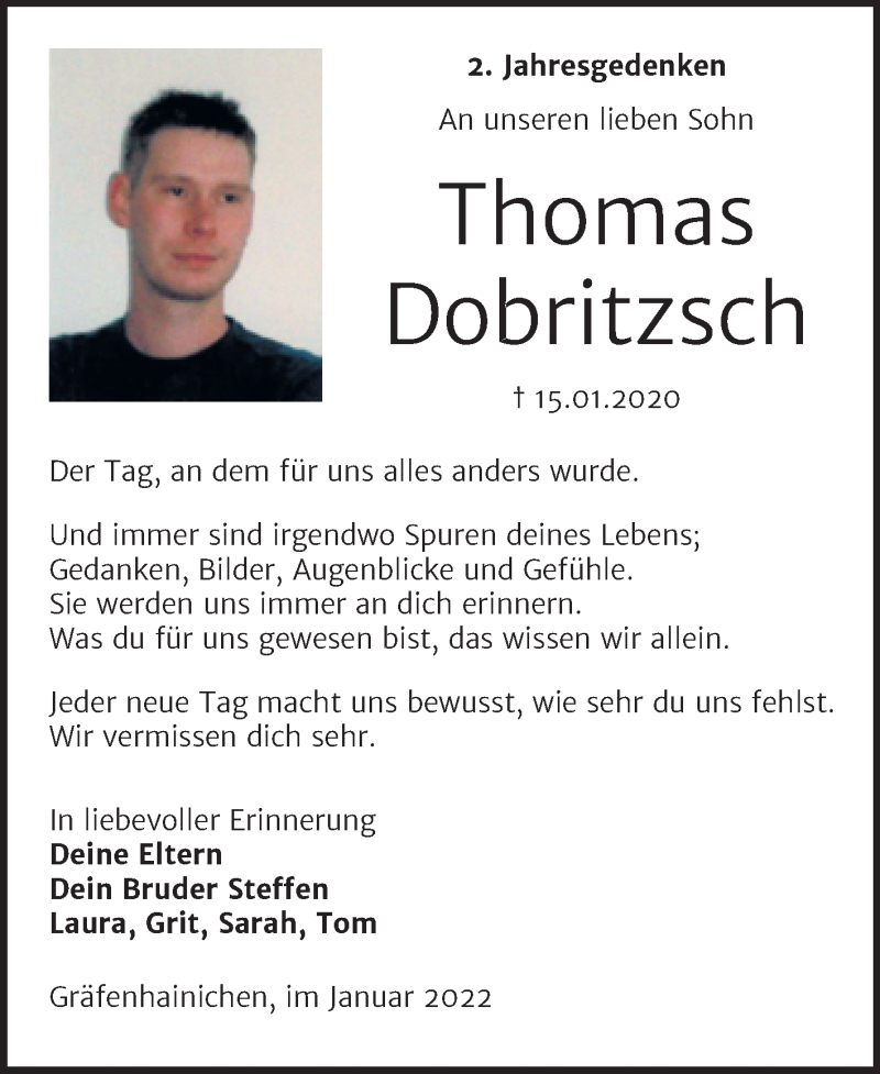  Traueranzeige für Thomas Dobritzsch vom 15.01.2022 aus Trauerkombi Wittenberg