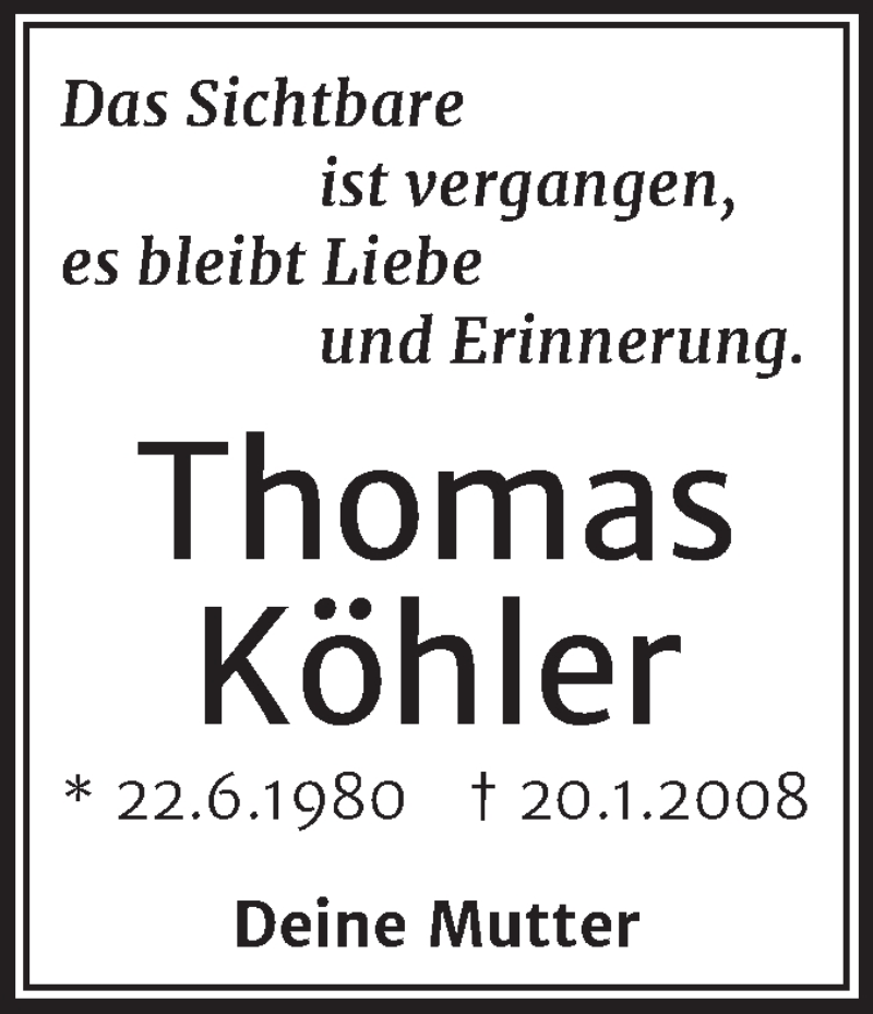  Traueranzeige für Thomas Köhler vom 20.01.2022 aus Mitteldeutsche Zeitung Halle/Saalkreis