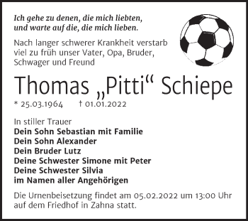 Traueranzeige von Thomas Schiepe von Trauerkombi Wittenberg