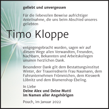 Traueranzeige von Timo Kloppe von Trauerkombi Bitterfeld