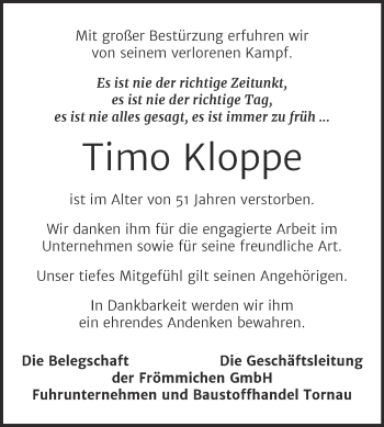 Traueranzeige von Timo Kloppe von Mitteldeutsche Zeitung