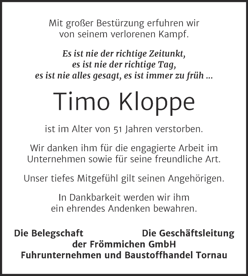  Traueranzeige für Timo Kloppe vom 08.01.2022 aus Mitteldeutsche Zeitung