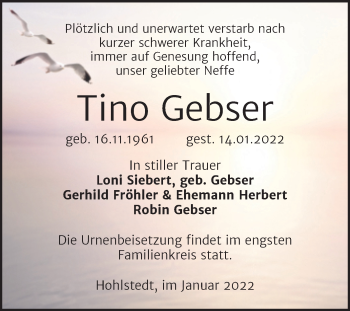 Traueranzeige von Tino Gebser von Trauerkombi Sangerhausen