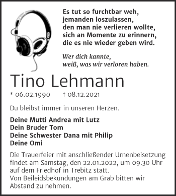 Traueranzeige von Tino Lehmann von Trauerkombi Wittenberg