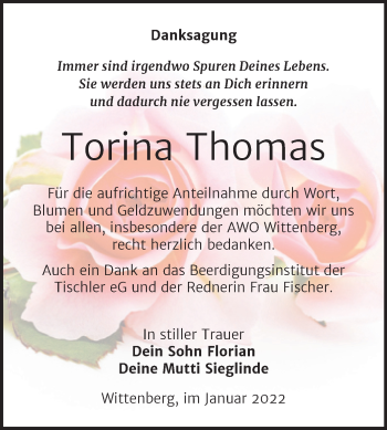 Traueranzeige von Torina Thomas von Trauerkombi Wittenberg