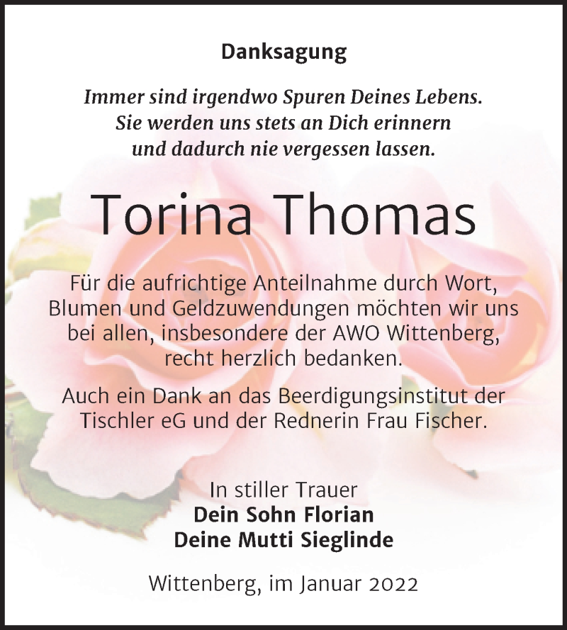  Traueranzeige für Torina Thomas vom 08.01.2022 aus Trauerkombi Wittenberg