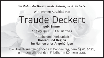 Traueranzeige von Traude Deckert von Trauerkombi Bernburg