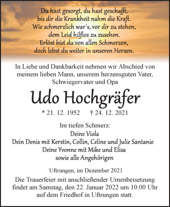 Traueranzeige von Udo Hochgräfer von Trauerkombi Sangerhausen