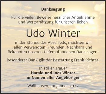 Traueranzeige von Udo Winter von Trauerkombi Sangerhausen