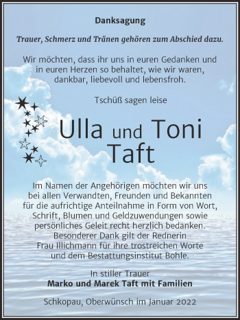 Traueranzeige von Ulla und Toni Taft von Trauerkombi Merseburg