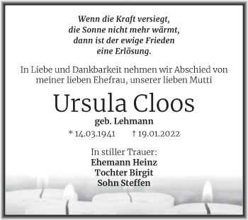 Traueranzeige von Ursula Cloos von Trauerkombi Bitterfeld