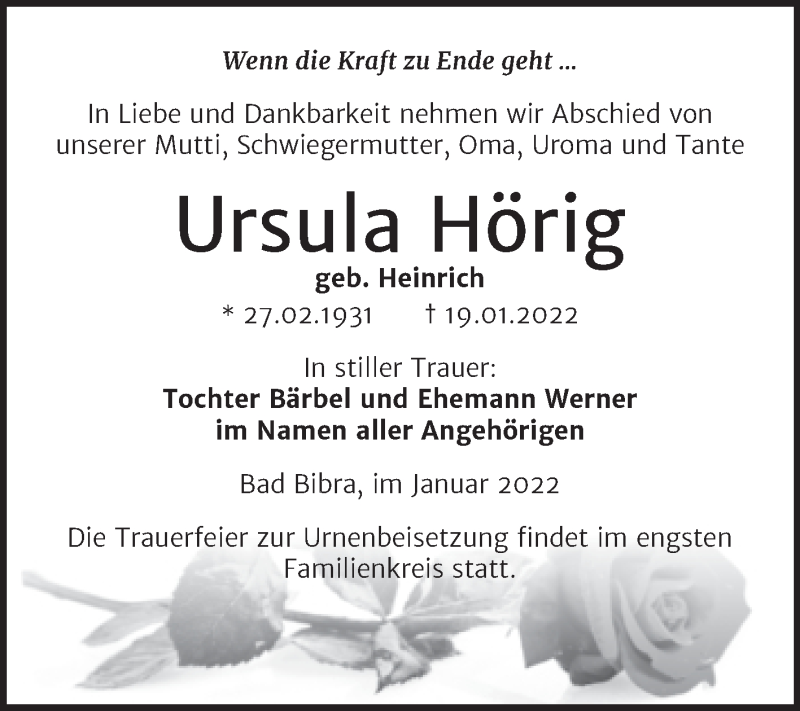  Traueranzeige für Ursula Hörig vom 26.01.2022 aus Naumburger Tageblatt