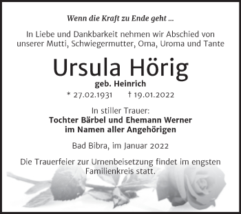 Traueranzeige von Ursula Hörig von Naumburger Tageblatt