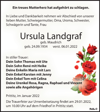 Traueranzeige von Ursula Landgraf von Trauerkombi Weißenfels