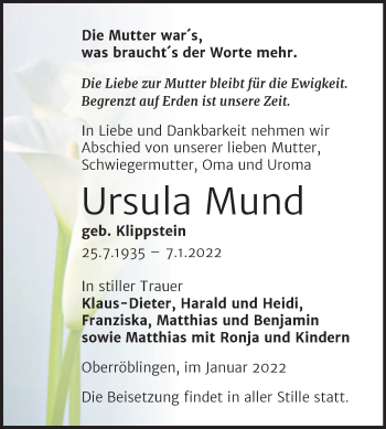 Traueranzeige von Ursula Mund von Trauerkombi Sangerhausen