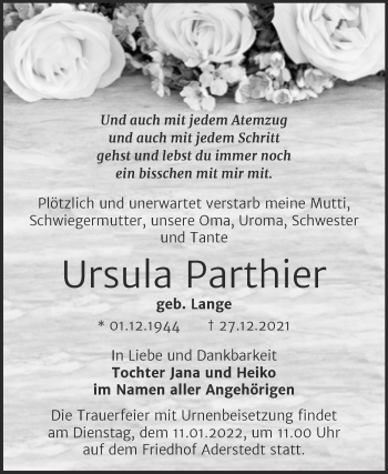 Traueranzeige von Ursula Parthier von Trauerkombi Bernburg