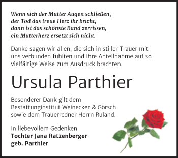 Traueranzeige von Ursula Parthier von Trauerkombi Bernburg