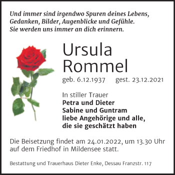Traueranzeige von Ursula Rommel von Trauerkombi Dessau