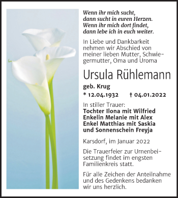 Traueranzeige von Ursula Rühlemann von Wochenspiegel Naumburg/Nebra