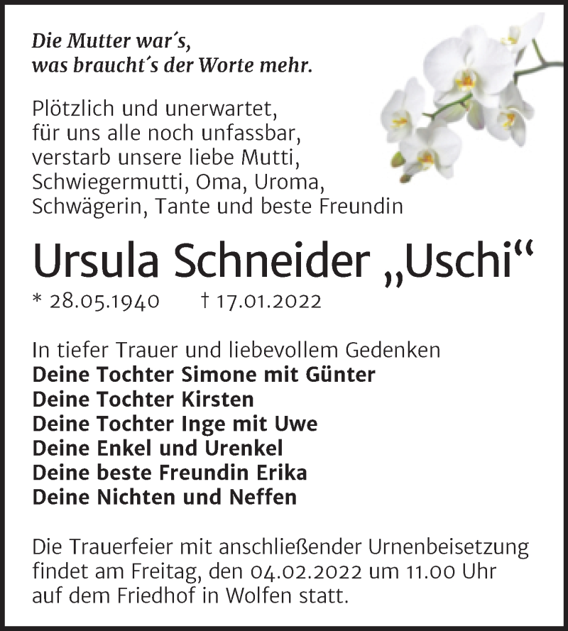  Traueranzeige für Ursula Schneider vom 29.01.2022 aus Trauerkombi Bitterfeld