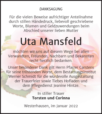 Traueranzeige von Uta Mansfeld von Trauerkombi Quedlinburg
