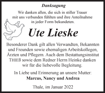 Traueranzeige von Ute Lieske von Trauerkombi Quedlinburg